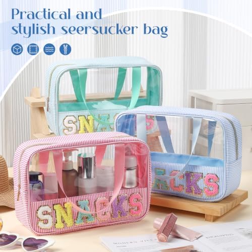 Sanwuta 3 Pcs Seersucker Snacks Bag Chenille Letter Clear Makeup Bag - Image 4