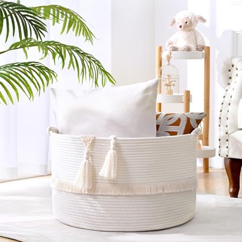 67L Large Blanket Basket, Cotton Rope Blanket Basket Living Room, Baby Laundry - Image 3