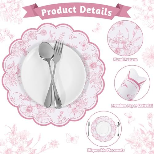 60 Pcs Pink Floral Paper Placemat, 13.5 Inch Disposable Scalloped Table Mat - Image 4