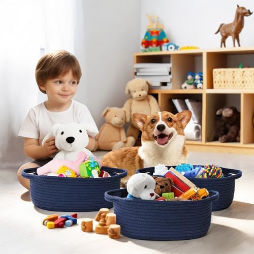 Small Blue Woven Basket, Cotton Rope Kids Dog Cat Toy Bin Box, Cute Baby - Image 4