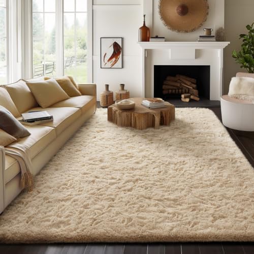 Ophanie 8x10 Beige Area Rugs for Living Room, Large Shag Bedroom Carpet by Ophanie