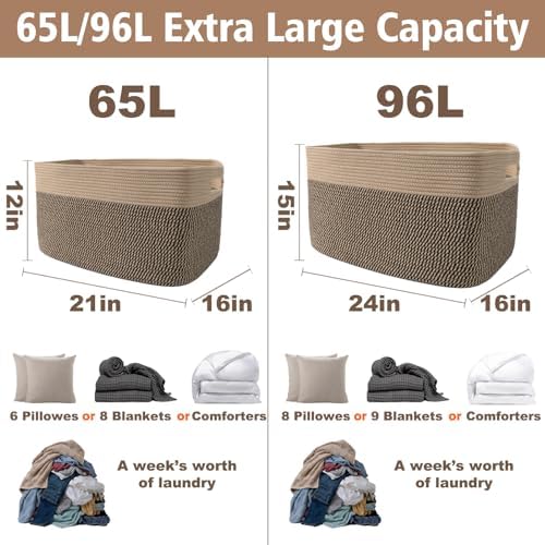 JMvicyroam 96L Large Woven Cotton Rope Blanket Basket, Jute&Black - Image 3