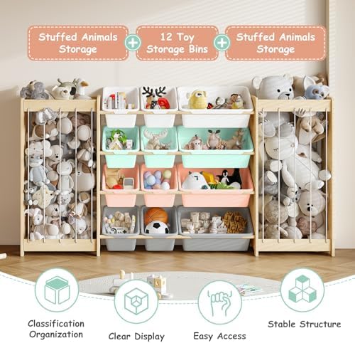 EXPERLAM Large Toy Storage Organizer, Wooden Stuffed Animal Storage & 12-Bins - Image 4