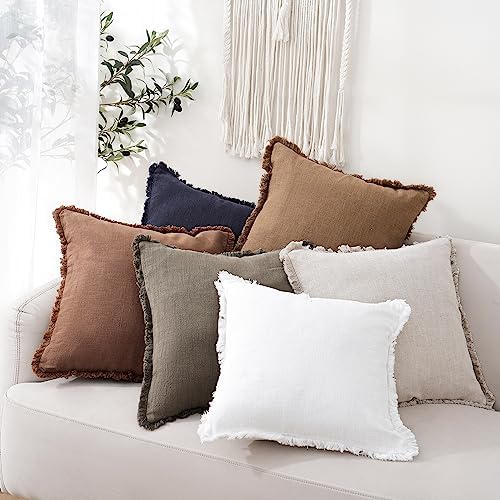 Foindtower Decorative Linen Fringe Throw Pillow Covers 24×24 Khaki Brown - Image 6