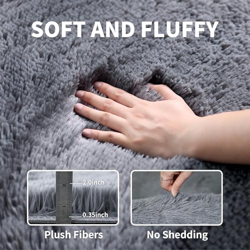 Solid Grey Fluffy Shag Runner Rug, Washable Non Slip Soft Carpet - Image 4