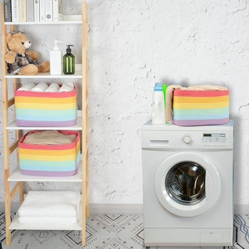 XUANGUO Woven Cotton Rope Storage Baskets 15x10x9.3" 3 Pack Rainbow - Image 5