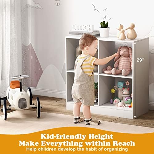 Costzon Toy Organizers and Storage, Wooden White 4-Cube Kids Bookcase - Image 4