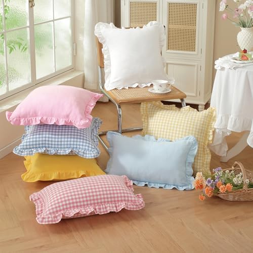 Set of 2 Light Pink and White Ruffled Throw Pillow Covers 18x18 Inch, Gingham - Image 5