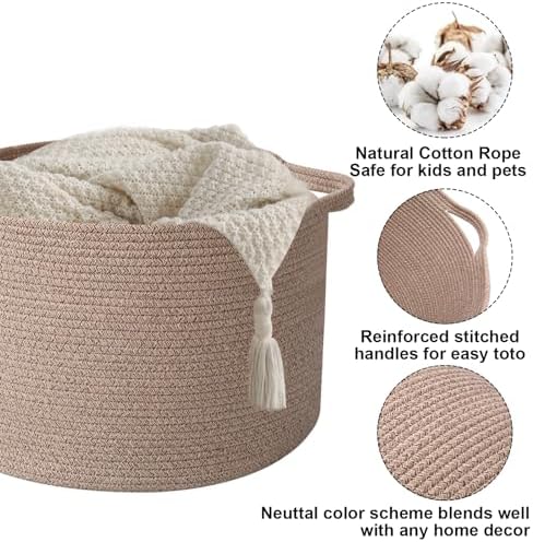 65L Large Blanket Basket, Woven Rope Laundry Basket-Brown - Image 3