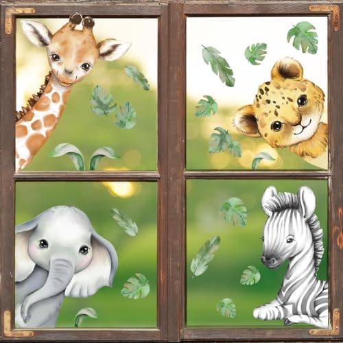22.44 x 21.25 Inch Watercolor Jungle Animal Window Clings Tiger Lion Elephant - Image 2