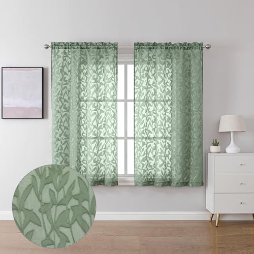 Lecloud Leia 2 Panels Semi Sage Green Sheer Curtains 45 Inch Length, Light by Lecloud