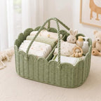 Handwoven Rattan Diaper Caddy Organizer Sage Green Scalloped Basket by Yiyiring