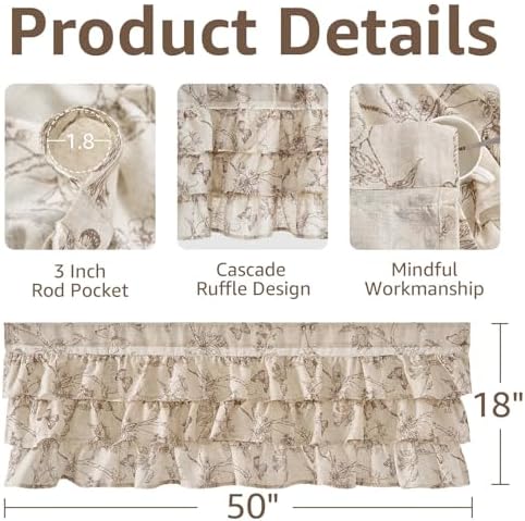 jinchan Ruffled Floral Valance Curtain 18 Inch 1 Panel Taupe on Beige - Image 5