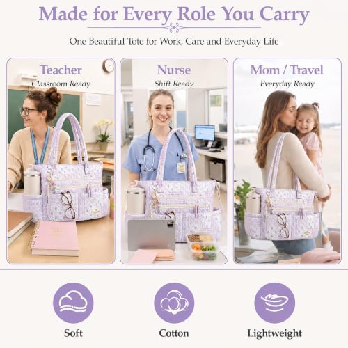 WOBAGMEN Teacher Tote Bag for Women, Quilted Floral Laptop Work Tote - Image 6