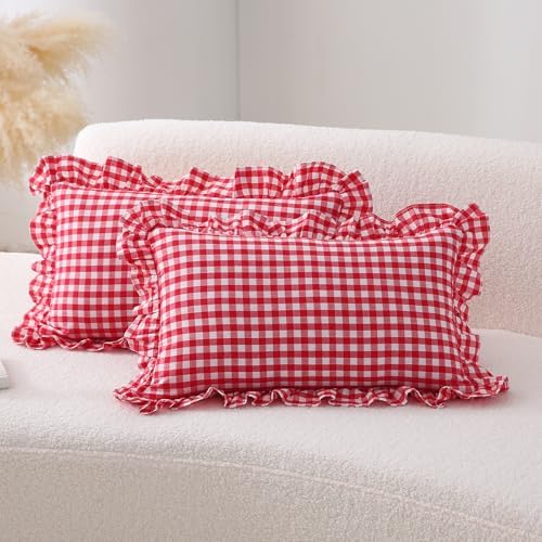 2 Pack Red Gingham Lumbar Throw Pillow Shams 12''x20'' by KMASANIJI