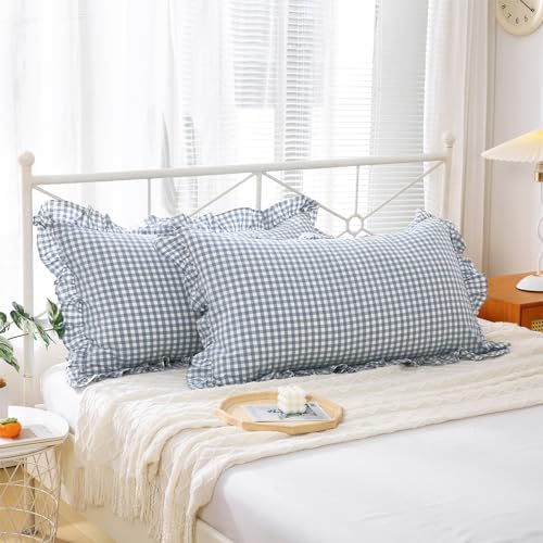 2 Pack Dust Blue Gingham Ruffle Standard Pillow Shams 20"x26" by KMASANIJI