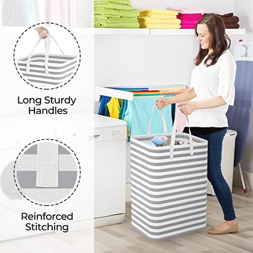 StorageRight Laundry Basket Hamper, 75L Clothes Storage, Striped Grey - Image 4