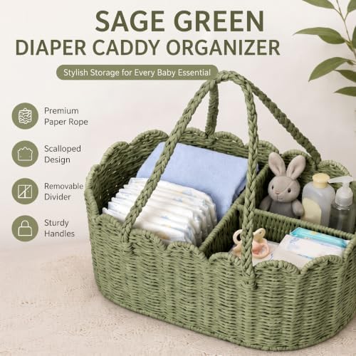 Handwoven Rattan Diaper Caddy Organizer Sage Green Scalloped Basket - Image 4