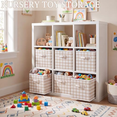 Yalikop 6 Pcs Beige Gingham Cube Storage Bins, 11 Inch Fabric Checkered - Image 3