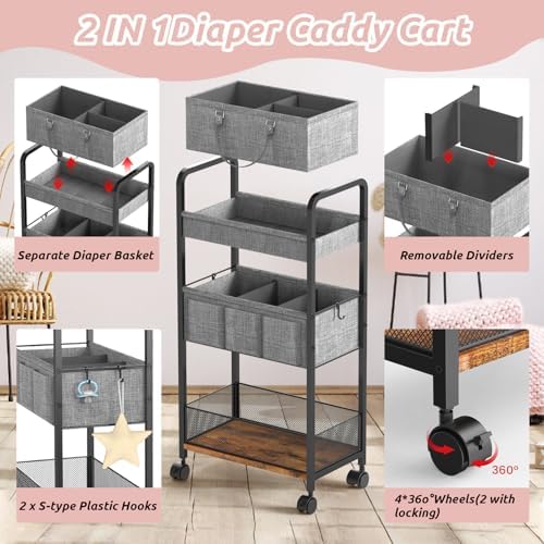 LIDTOP 2In1 Baby Diaper Caddy & 3-Tier Rolling Diaper Cart, Diaper Caddy - Image 6