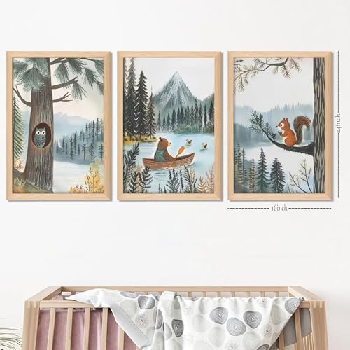 Framed Cute Animals Wall Art Set of 3, Woodland Bear Canoe Adventure Nursery - Image 3