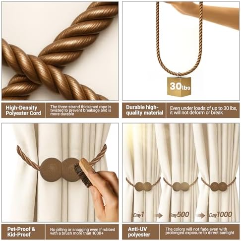 Hion Magnetic Curtain Tiebacks Dark Brown 4pcs, Curtain Holdbacks Hooks - Image 3