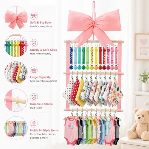 Sliner Pink Bow Baby Organizer for Girls, 3 Tier Bibs Pacifier Holder - Image 4