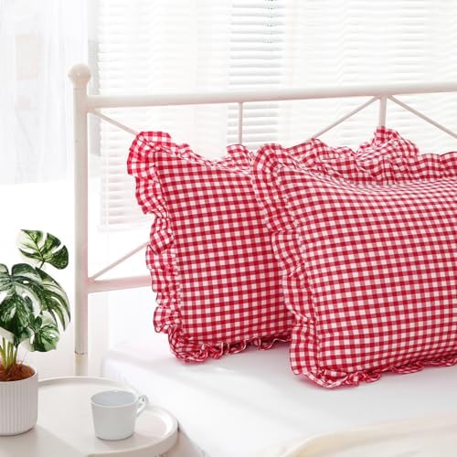 2 Pack Red White Gingham Ruffle Pillow Shams King Size 20"x36" - Image 2
