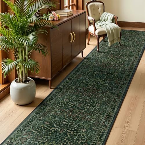 Woodland Dark Green 2x10 Long Hallway Runner Rug, Washable Non Slip Ultra Thin - Image 3