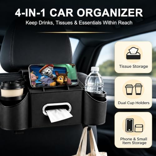 Back Seat Car Organizer, 2 Cup Holders, Tissue Holder, Phone Stand & Hooks - Image 2