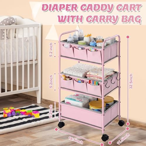 WILLBOND 3 Tier Pink Baby Diaper Caddy Organizer Cart - Image 2