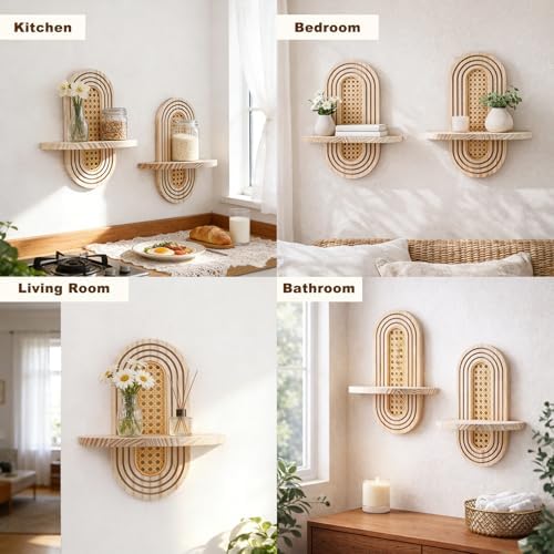 Artilady Boho Shelf Wall Decor Rattan Wood Floating Shelves Srorage Display - Image 6