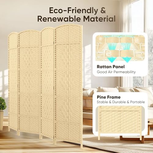 JOSTYLE Rattan Room Divider, 4-Panel Folding Privacy Screen 6ft. Extra Wide - Image 3
