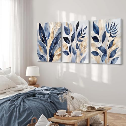 Blue Botanical Wall Art Abstract Leaf Canvas Prints Decor Modern Plant Wall Art - Image 3