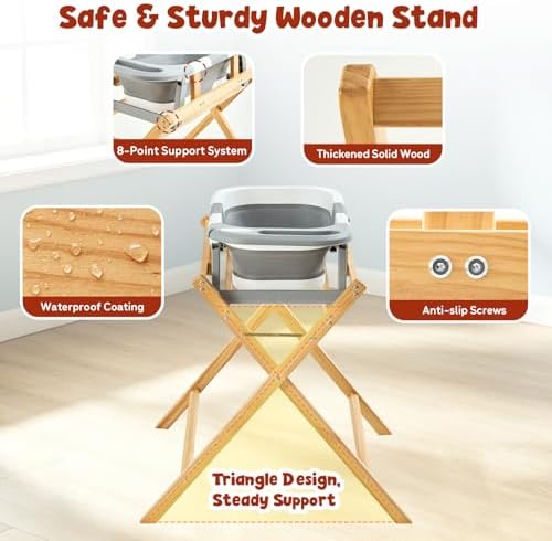 FUNLIO Wooden Baby Bathtub Stand, Foldable Baby Bath Stand - Image 5