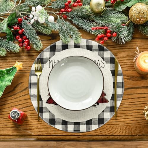 Artoid Mode Waterclor Buffalo Plaid Christmas Trees Merry Xmas Round Placemats - Image 2