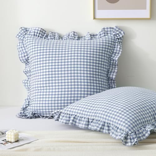 2PACK Dust Blue White Gingham Euro Pillow Shams 26''x26'' by KMASANIJI