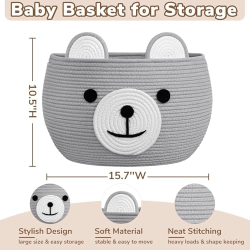 CherryNow Large Baby Basket for Gifts Empty, Cute Bear Design, Light Grey - Image 4