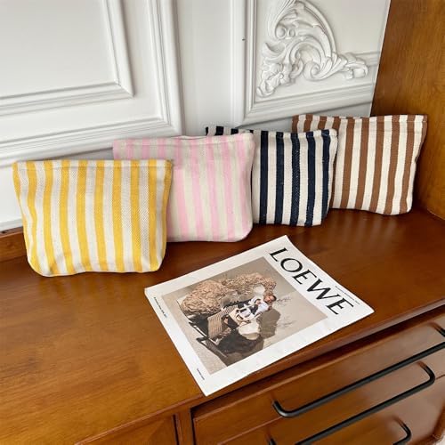 Flat Makeup Bag for Women, Zipper Cosmetic Pouch for Purse, Stripe Pink - Image 5