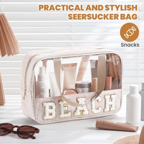 Sanwuta Seersucker Beach Bag Chenille Letter Clear Sunscreen Makeup Bag - Image 4