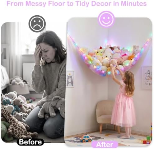 Stuffed Animals Hammock with LED Light Toy Net Room Decor Corner Storage - Image 6