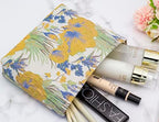 Flat Makeup Bag for Women, Zipper Cosmetic Pouch Purse, Brocade Flower Yellow - Image 3