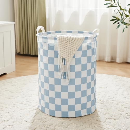 Ohocut Blue Checkered Laundry Basket, Collapsible Aesthetic Cute Canvas by Ohocut