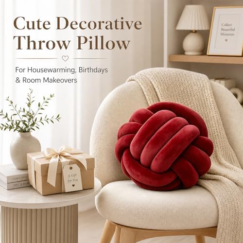 Petrella Burgundy Knot Pillow Ball, 11 Inch Round Decorative Pillow - Image 4