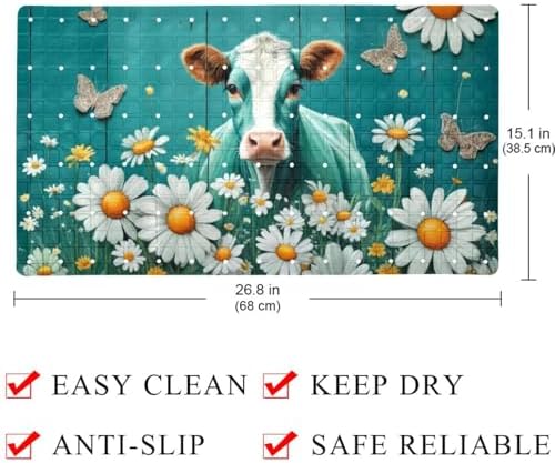 Bathtub Mat Non Slip 26.8x15.1 Inch, Cow Daisies on Teal Plank Shower Mat - Image 4