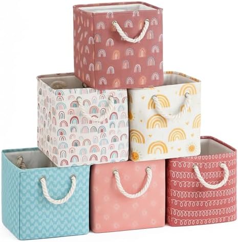 6 Pack 13x13 Inch Cube Storage Bins Fabric Square Cube Basket, Boho Rainbow by Geiserailie