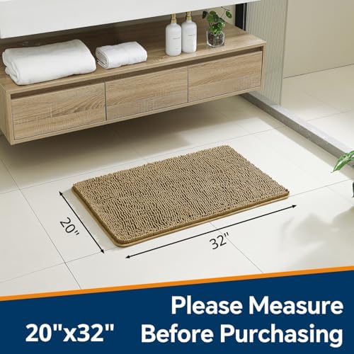 Chenille Bathroom Rug 20"x32" Tan, Non-Slip Plush Bath Mat - Image 2