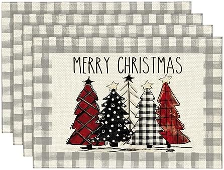 Artoid Mode Watercolor Grey Buffalo Plaid Christmas Trees Placemats Set of 4 by ArtoidMode