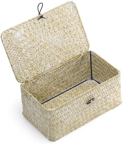 Nonam Small Wicker Basket with Lid, Seagrass Shelf Storage Basket by Home