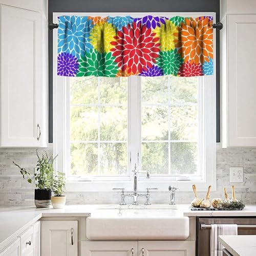 Rainbow Dahlia Flower Valance Curtain, Abstract Colorful Red Purple Green Blue - Image 3